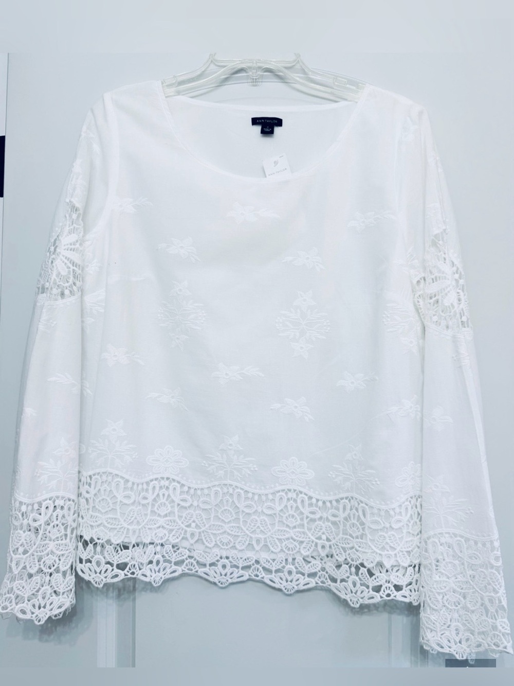 Ann Taylor White Embroidered & Lace-Trim Long Sleeve Top